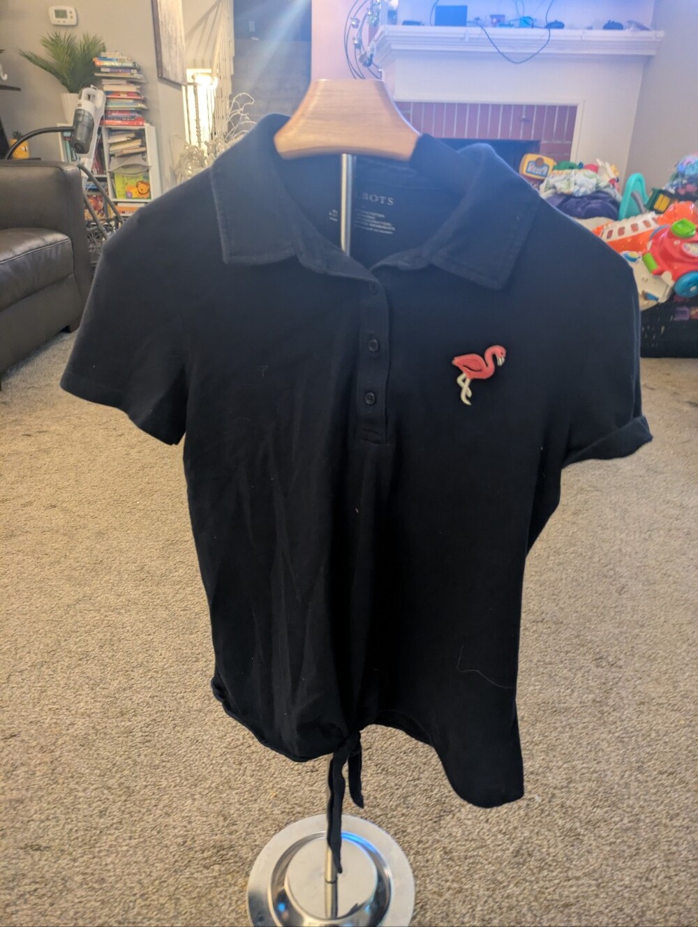Talbots  Black Polo Tie-Front Top with Pink Flamingo Pin